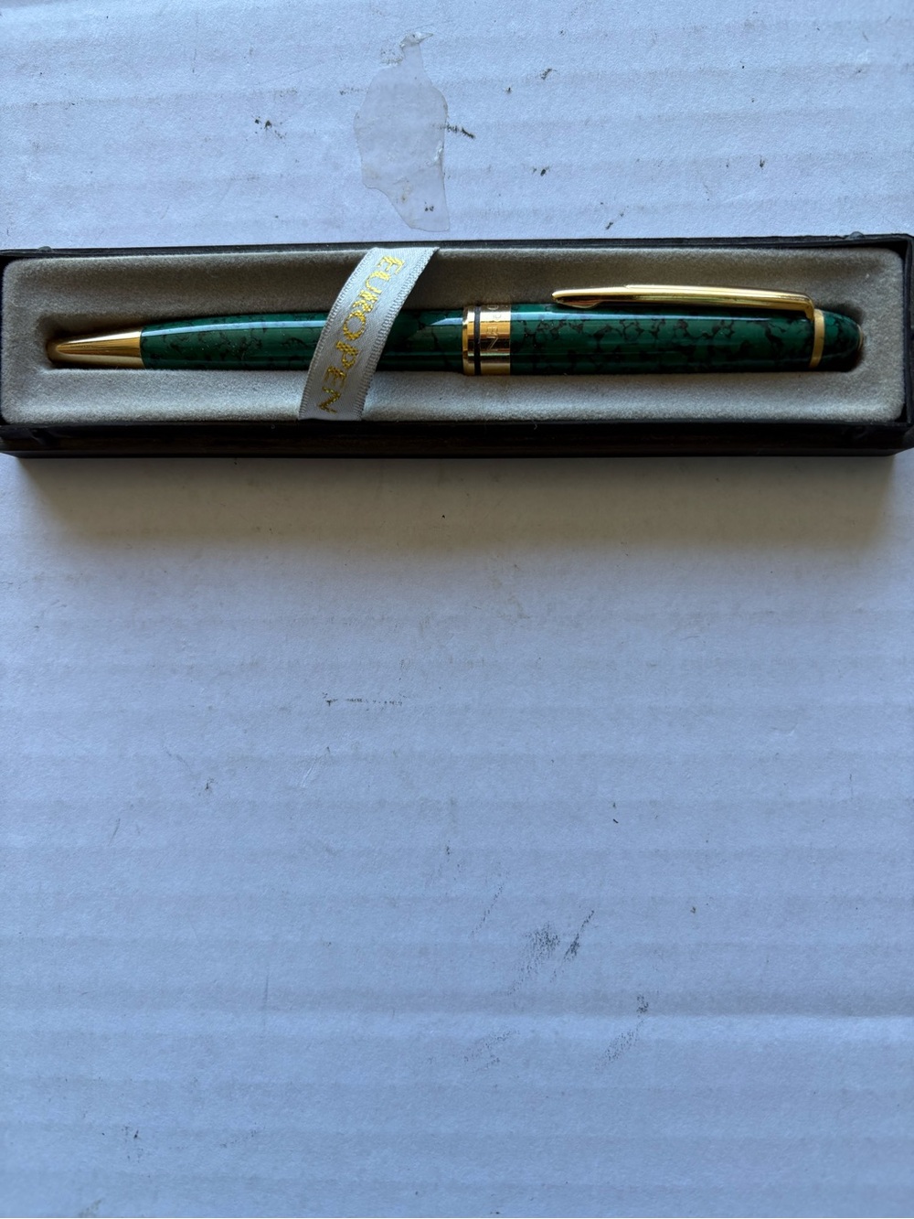 European Green Marble Ballpoint Pen with Gold Trim - Classic Writing Pen